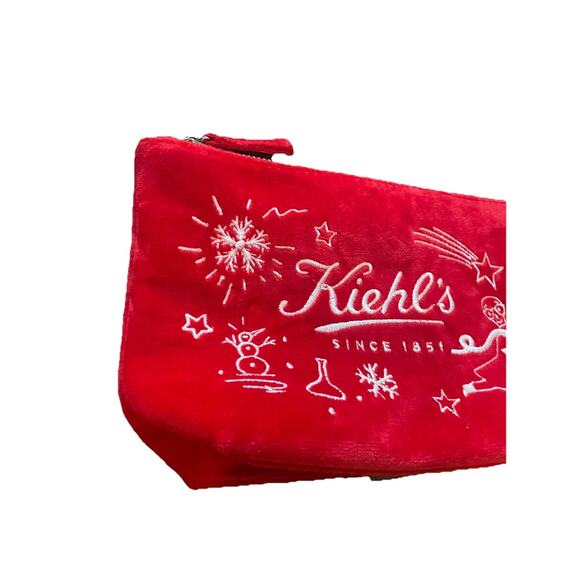 Kiehl's Red Soft Velvet Makeup Bag Cosmetic Pouch Holiday White Embroidery - Picture 2 of 6